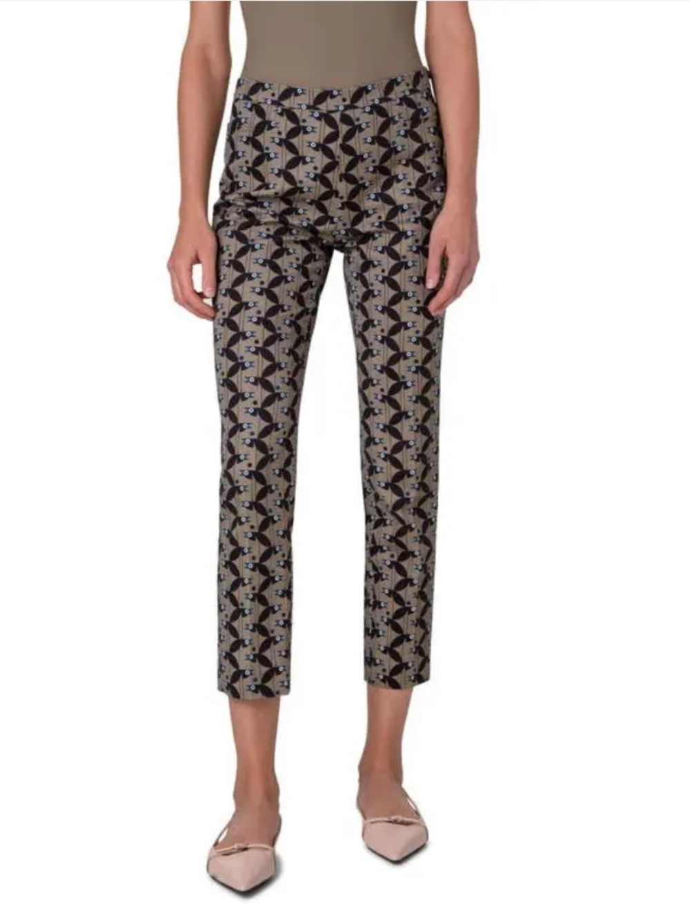 Akris Punto Franca Bird-Print Slim-Leg Cotton Gabardine Stretch Ankle Pants